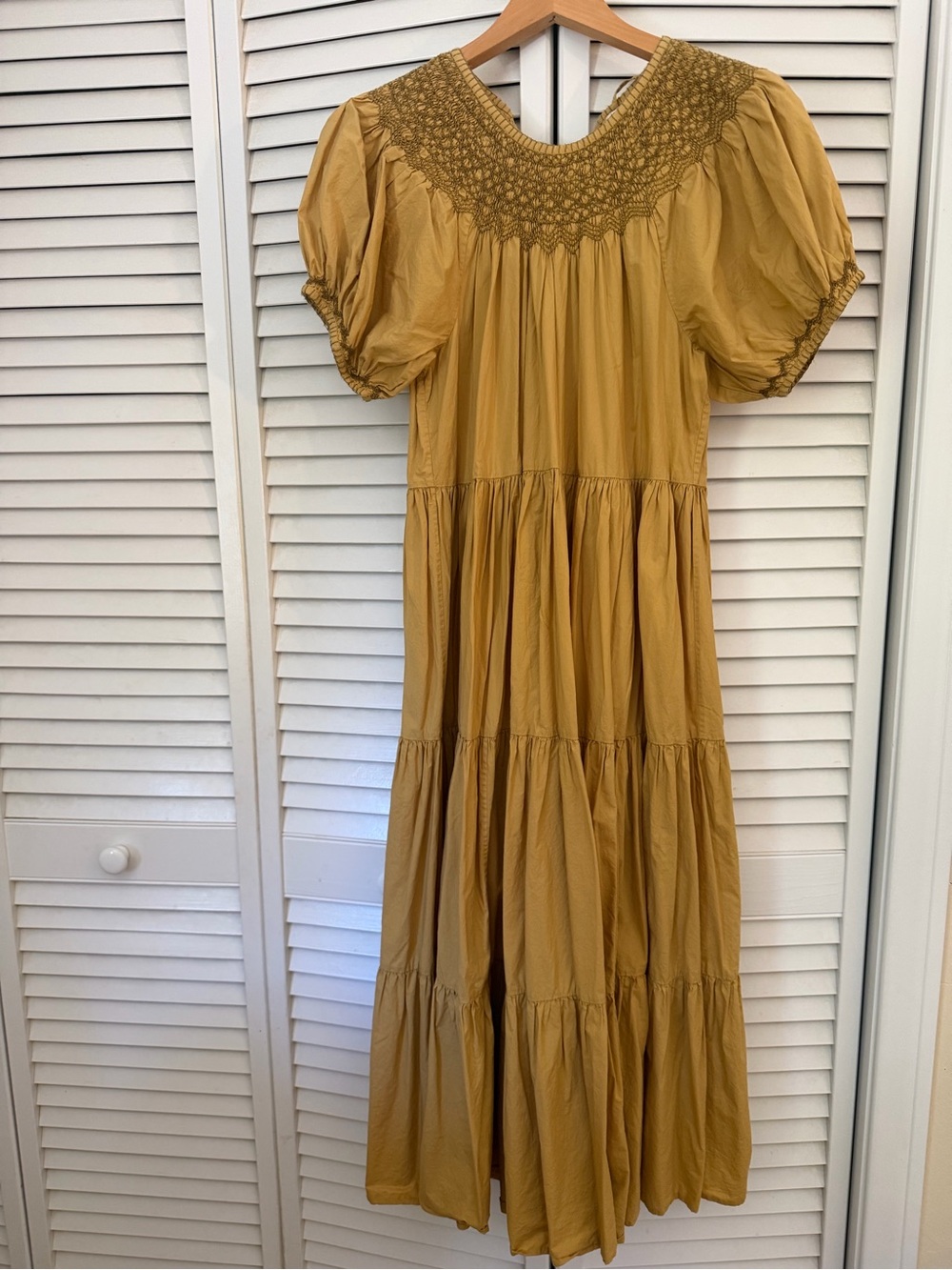 Doen Smocked Yoke Puff Sleeve Maxi Dress in Mustard